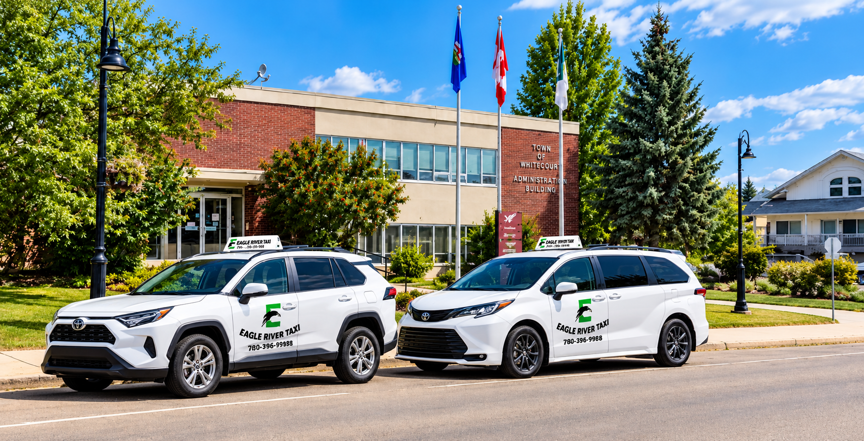 AI-generated promotional image of two white Eagle River Taxi vehicles in front of the Whitecourt Administration Building; not an authentic fleet photograph.