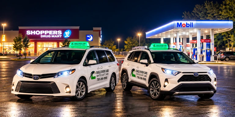 AI-generated promotional image of two white Eagle River Taxi vehicles near Shoppers Drug Mart and Mobil in Whitecourt at night; not an authentic fleet photograph.